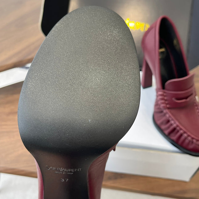 YSL 26S HEELED LOAFERS 100 MM IN DARK RED CALFSKIN