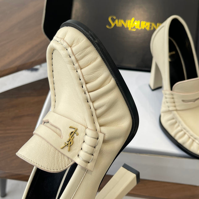 YSL 26S HEELED LOAFERS 100 MM IN SOFT OFF-WHITE CALFSKIN