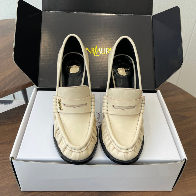 YSL 26S HEELED LOAFERS 100 MM IN SOFT OFF-WHITE CALFSKIN