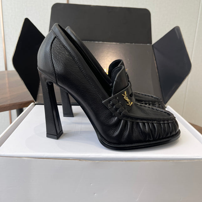 YSL 26S HEELED LOAFERS 100 MM IN BLACK CALFSKIN