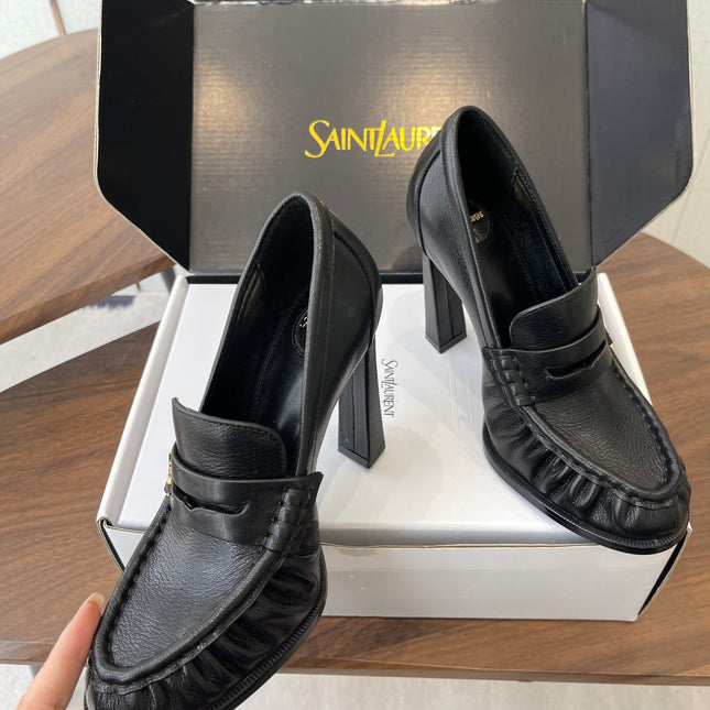 YSL 26S HEELED LOAFERS 100 MM IN BLACK CALFSKIN