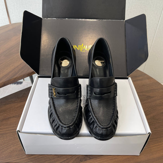 YSL 26S HEELED LOAFERS 100 MM IN BLACK CALFSKIN