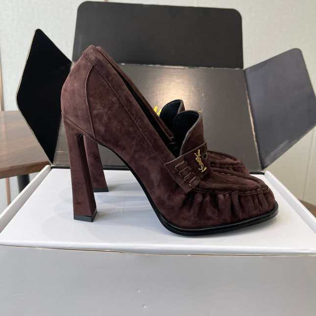 YSL 26S HEELED LOAFERS 100 MM IN WINE BROWN SUEDE