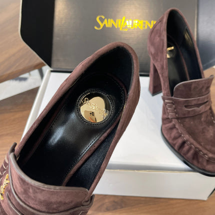 YSL 26S HEELED LOAFERS 100 MM IN WINE BROWN SUEDE