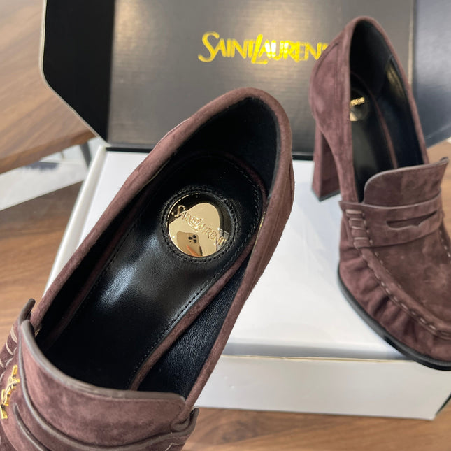 YSL 26S HEELED LOAFERS 100 MM IN WINE BROWN SUEDE