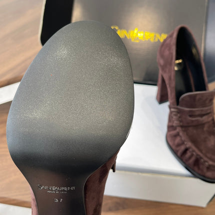 YSL 26S HEELED LOAFERS 100 MM IN WINE BROWN SUEDE