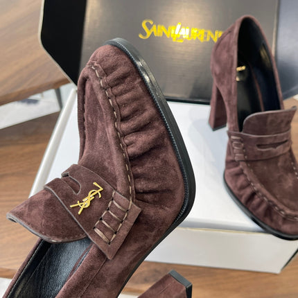 YSL 26S HEELED LOAFERS 100 MM IN WINE BROWN SUEDE