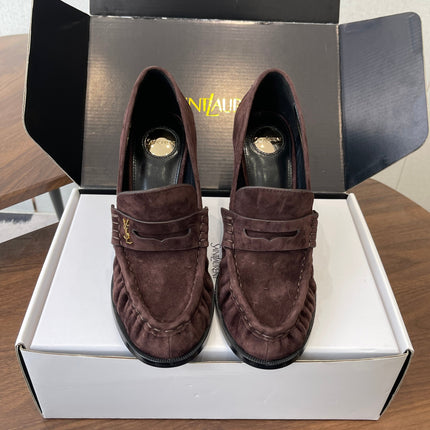 YSL 26S HEELED LOAFERS 100 MM IN WINE BROWN SUEDE