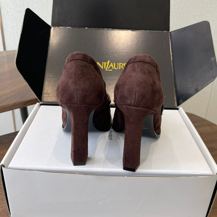 YSL 26S HEELED LOAFERS 100 MM IN WINE BROWN SUEDE