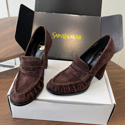 YSL 26S HEELED LOAFERS 100 MM IN WINE BROWN SUEDE