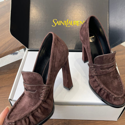 YSL 26S HEELED LOAFERS 100 MM IN WINE BROWN SUEDE
