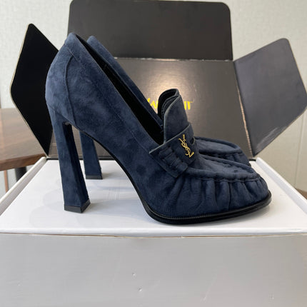 YSL 26S HEELED LOAFERS 100 MM IN DARK STEEL BLUE SUEDE
