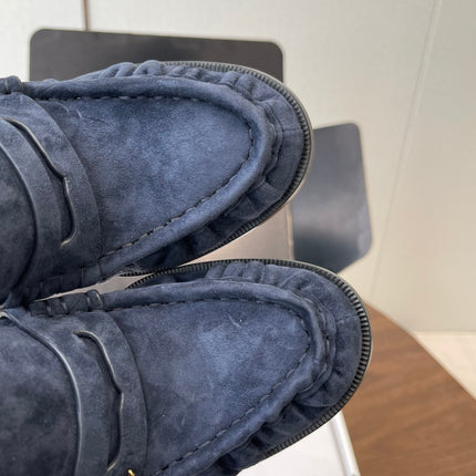 YSL 26S HEELED LOAFERS 100 MM IN DARK STEEL BLUE SUEDE