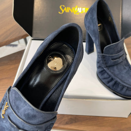YSL 26S HEELED LOAFERS 100 MM IN DARK STEEL BLUE SUEDE