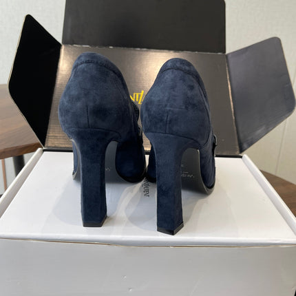 YSL 26S HEELED LOAFERS 100 MM IN DARK STEEL BLUE SUEDE