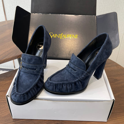 YSL 26S HEELED LOAFERS 100 MM IN DARK STEEL BLUE SUEDE