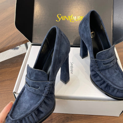 YSL 26S HEELED LOAFERS 100 MM IN DARK STEEL BLUE SUEDE