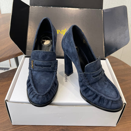 YSL 26S HEELED LOAFERS 100 MM IN DARK STEEL BLUE SUEDE