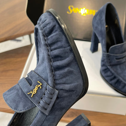 YSL 26S HEELED LOAFERS 100 MM IN DARK STEEL BLUE SUEDE