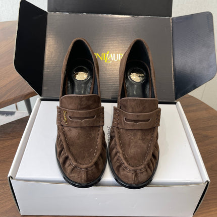YSL 26S HEELED LOAFERS 100 MM IN DARK BROWN SUEDE
