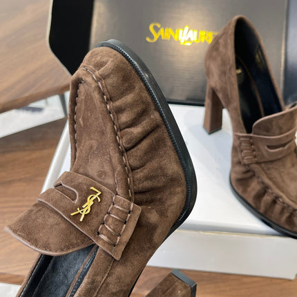 YSL 26S HEELED LOAFERS 100 MM IN DARK BROWN SUEDE