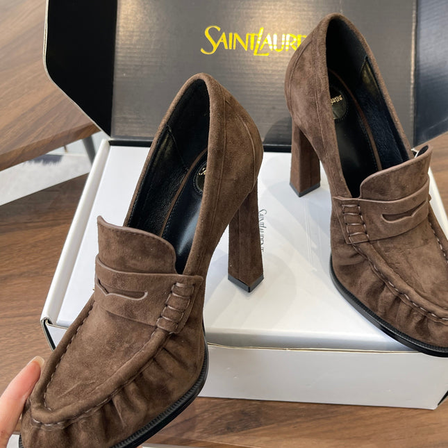 YSL 26S HEELED LOAFERS 100 MM IN DARK BROWN SUEDE