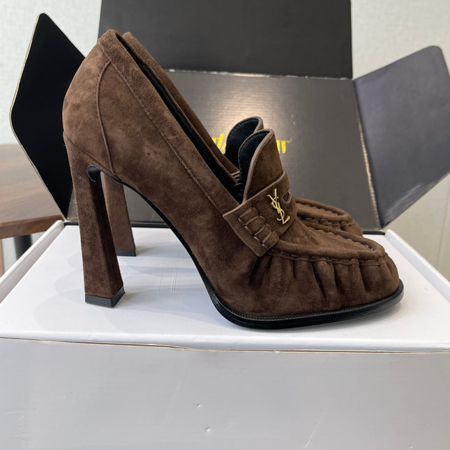 YSL 26S HEELED LOAFERS 100 MM IN DARK BROWN SUEDE