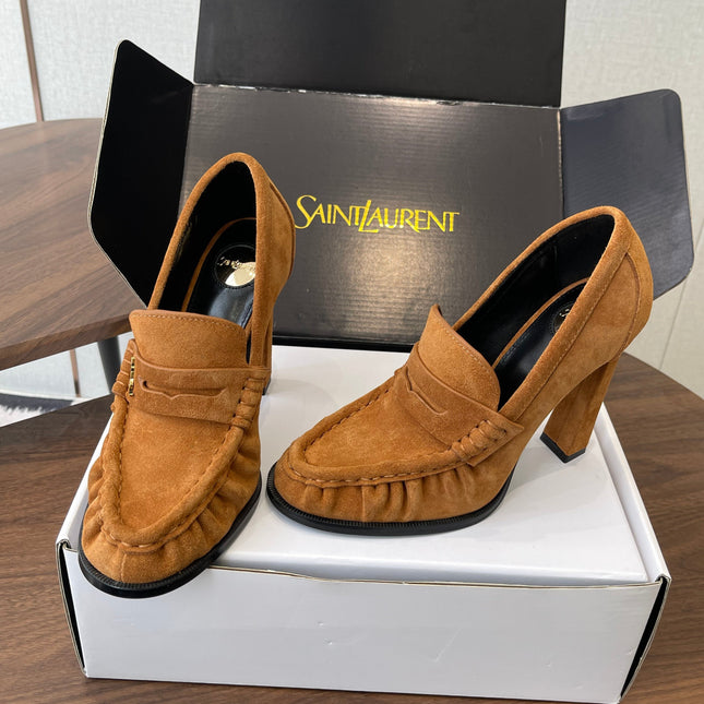 YSL 26S HEELED LOAFERS 100 MM IN BROWN SUEDE