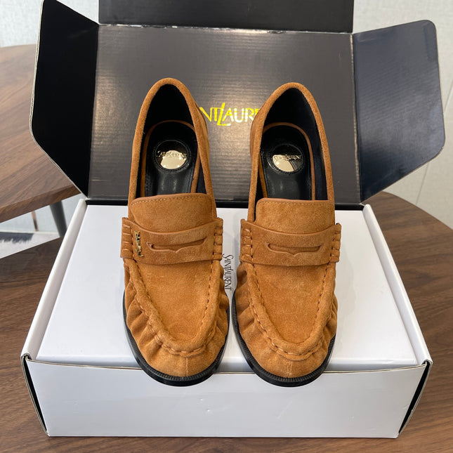 YSL 26S HEELED LOAFERS 100 MM IN BROWN SUEDE