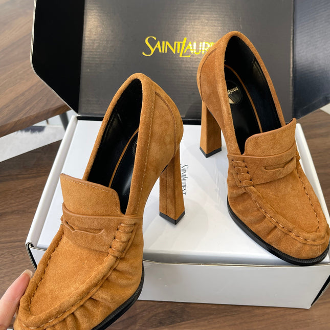 YSL 26S HEELED LOAFERS 100 MM IN BROWN SUEDE