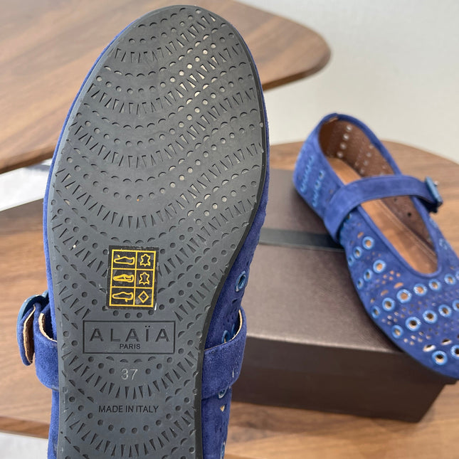 ALAIA 26S MARY JANE FLATS IN DARK BLUE SUEDE