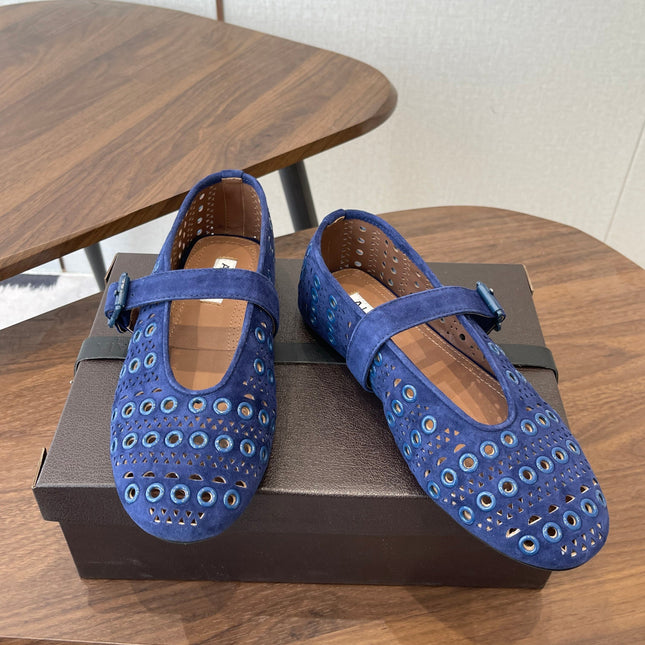 ALAIA 26S MARY JANE FLATS IN DARK BLUE SUEDE