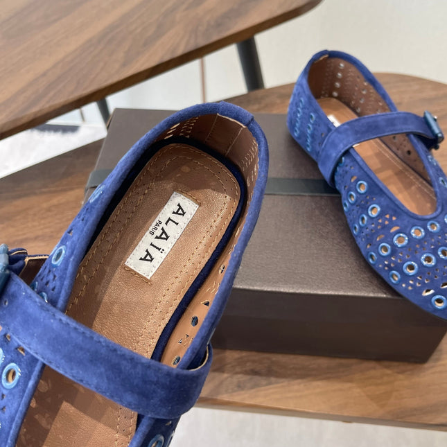 ALAIA 26S MARY JANE FLATS IN DARK BLUE SUEDE