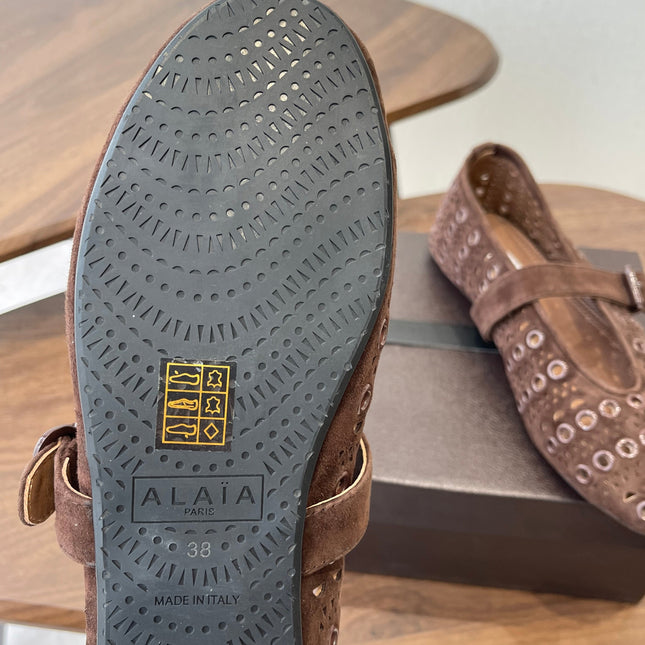 ALAIA 26S MARY JANE FLATS IN DARK BROWN SUEDE STYLE 1