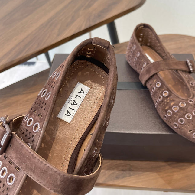 ALAIA 26S MARY JANE FLATS IN DARK BROWN SUEDE STYLE 1