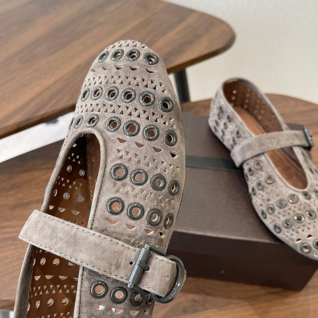 ALAIA 26S MARY JANE FLATS IN GREIGE BROWN SUEDE
