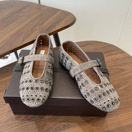 ALAIA 26S MARY JANE FLATS IN GREIGE BROWN SUEDE