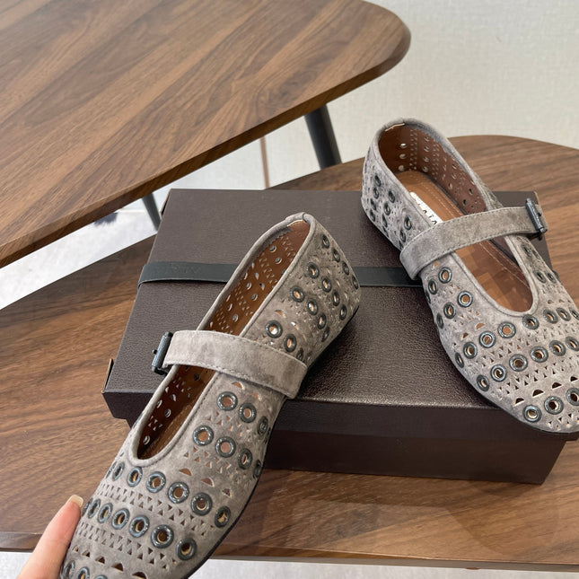 ALAIA 26S MARY JANE FLATS IN GREIGE BROWN SUEDE