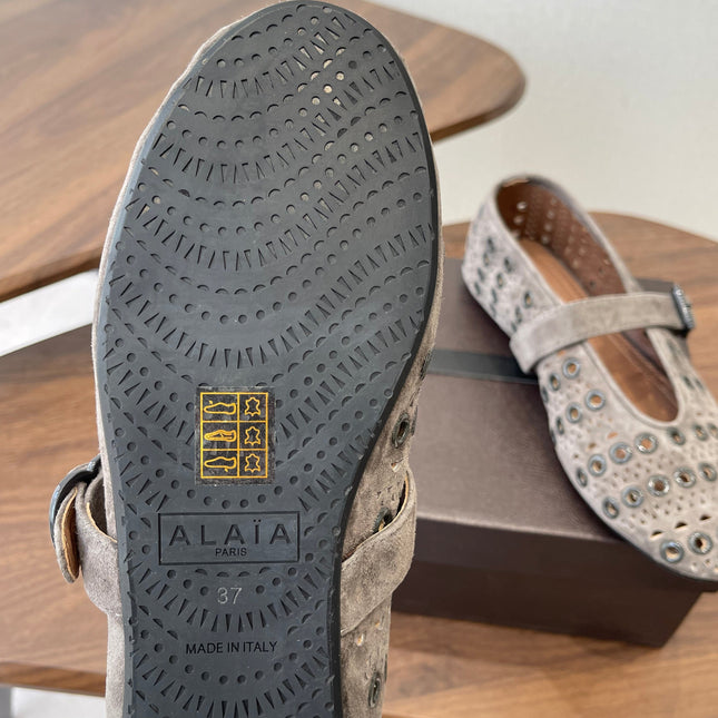 ALAIA 26S MARY JANE FLATS IN GREIGE BROWN SUEDE