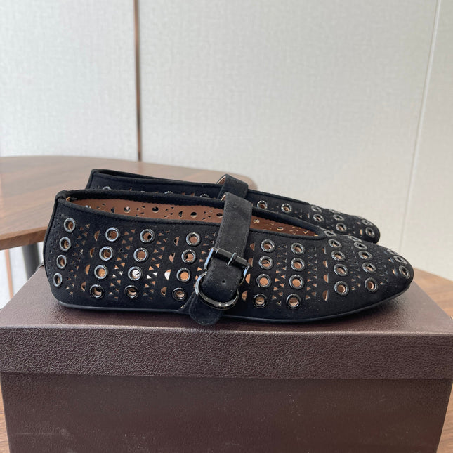 ALAIA 26S MARY JANE FLATS IN BLACK SUEDE