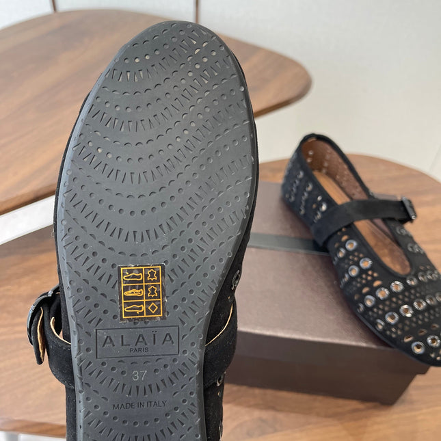 ALAIA 26S MARY JANE FLATS IN BLACK SUEDE