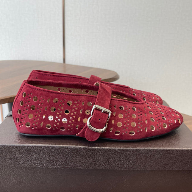 ALAIA 26S MARY JANE FLATS IN DARK RED SUEDE
