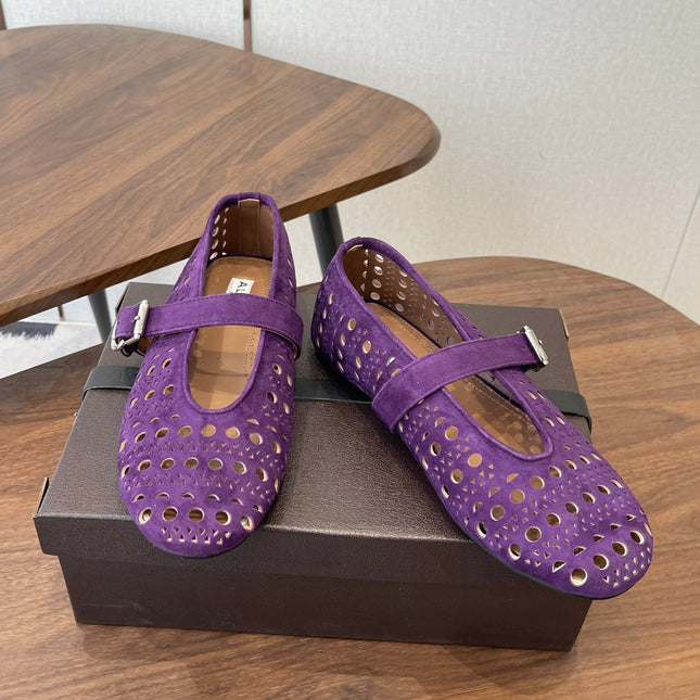 ALAIA 26S MARY JANE FLATS IN DARK PURPLE SUEDE