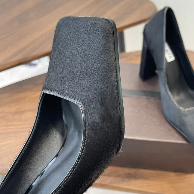 ALAIA 26S SQUARE-TOE HIGH HEELS 95 MM IN BLACK PONY HAIR