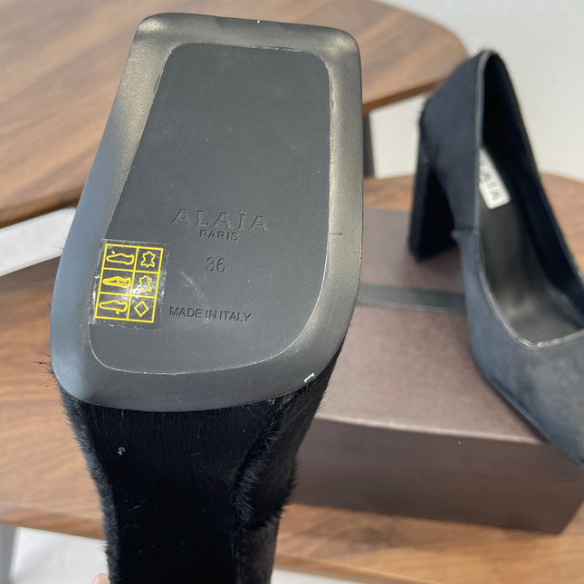 ALAIA 26S SQUARE-TOE HIGH HEELS 95 MM IN BLACK PONY HAIR