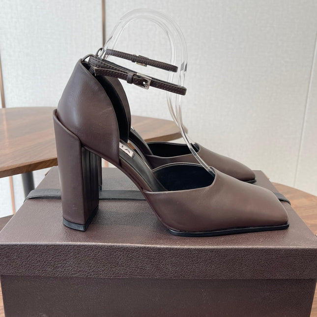ALAIA 26S SQUARE-TOE HIGH HEELS 95 MM IN DARK BROWN CALFSKIN