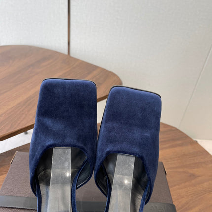 ALAIA 26S SQUARE-TOE HIGH HEELS 95 MM IN NAVY BLUE SUEDE