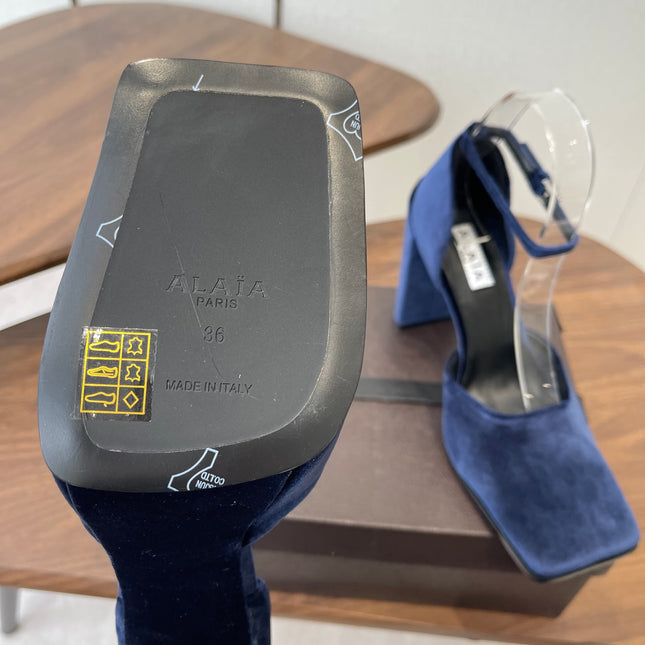 ALAIA 26S SQUARE-TOE HIGH HEELS 95 MM IN NAVY BLUE SUEDE