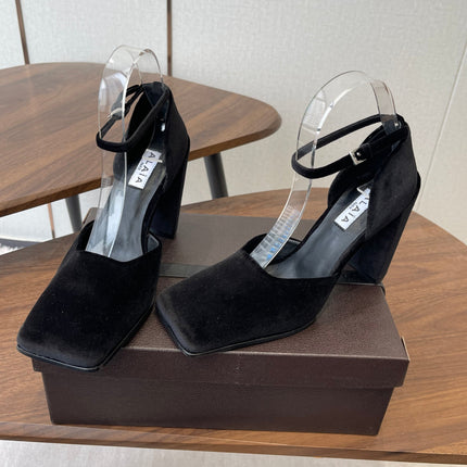 ALAIA 26S SQUARE-TOE HIGH HEELS 95 MM IN BLACK SUEDE