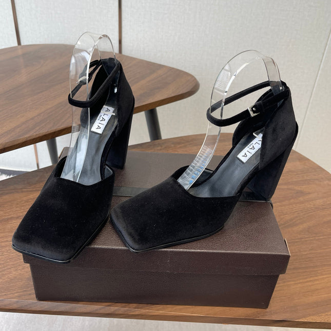 ALAIA 26S SQUARE-TOE HIGH HEELS 95 MM IN BLACK SUEDE
